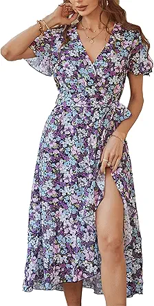 PRETTYGARDEN Women's Summer Floral Boho Maxi Dress Wrap Short Sleeve V Neck Ruffle A-Line Flowy Wedding Guest Long Dresses