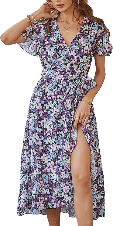 PRETTYGARDEN Women's Summer Floral Boho Maxi Dress Wrap Short Sleeve V Neck Ruffle A-Line Flowy Wedding Guest Long Dresses