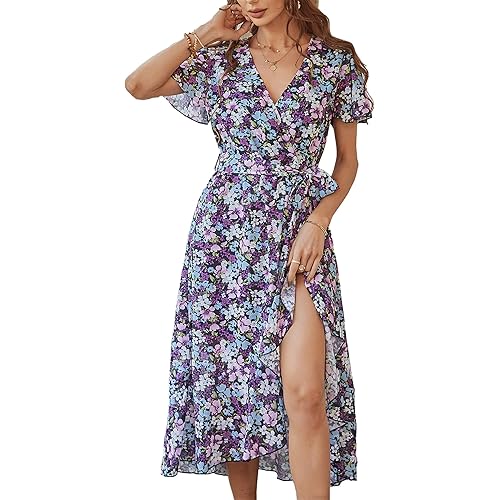 PRETTYGARDEN Women's Summer Floral Boho Maxi Dress Wrap Short Sleeve V Neck Ruffle A-Line Flowy Wedding Guest Long Dresses