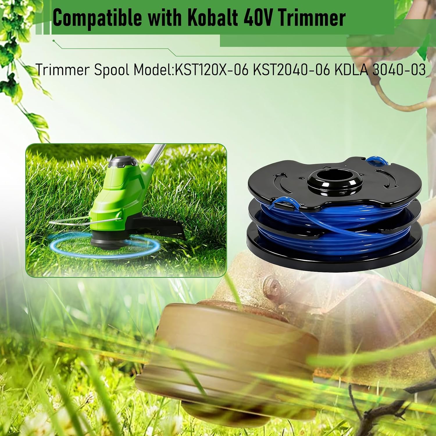 KST-120X-06 Spool Compatible with Kobalt 40V Cordless String Trimmer KST 120X. Replacement Weed Eater String Spool Refills Autofeed Dual line 20ft 0.065" (8 Spools, 2Cap)