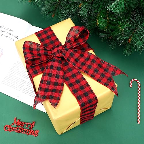 Miniatura 3 de Boao 2 rollos de cinta de Navidad con alambre de búfalo rojo y negro de 2.5 pulgadas de ancho para envolver regalos de corona de árbol de Navidad,