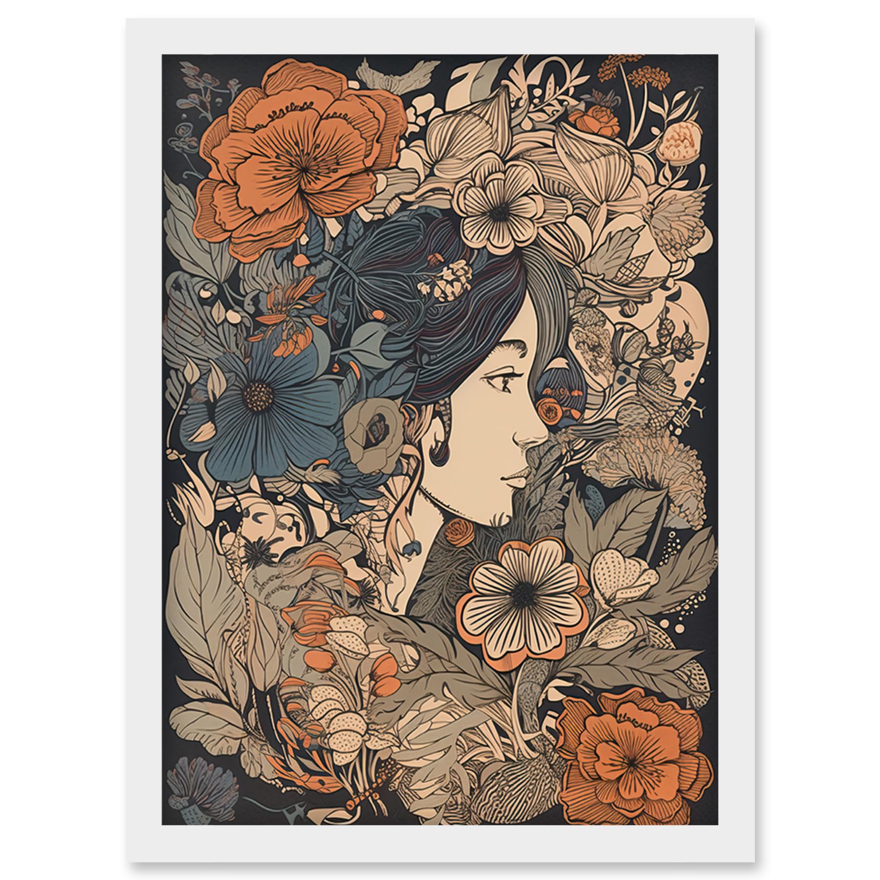 Artery8 Framed Wall Art Print A4 - Boho Floral Profile Portrait - Art Nouveau Artwork - White