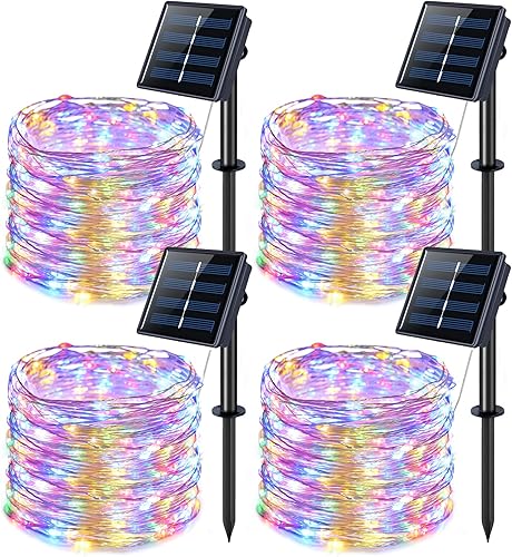 JMEXSUSS Paquete de 4 100 luces LED solares de Navidad, 33 pies, luces solares impermeables para exteriores, 8 modos, luces solares multicolor para