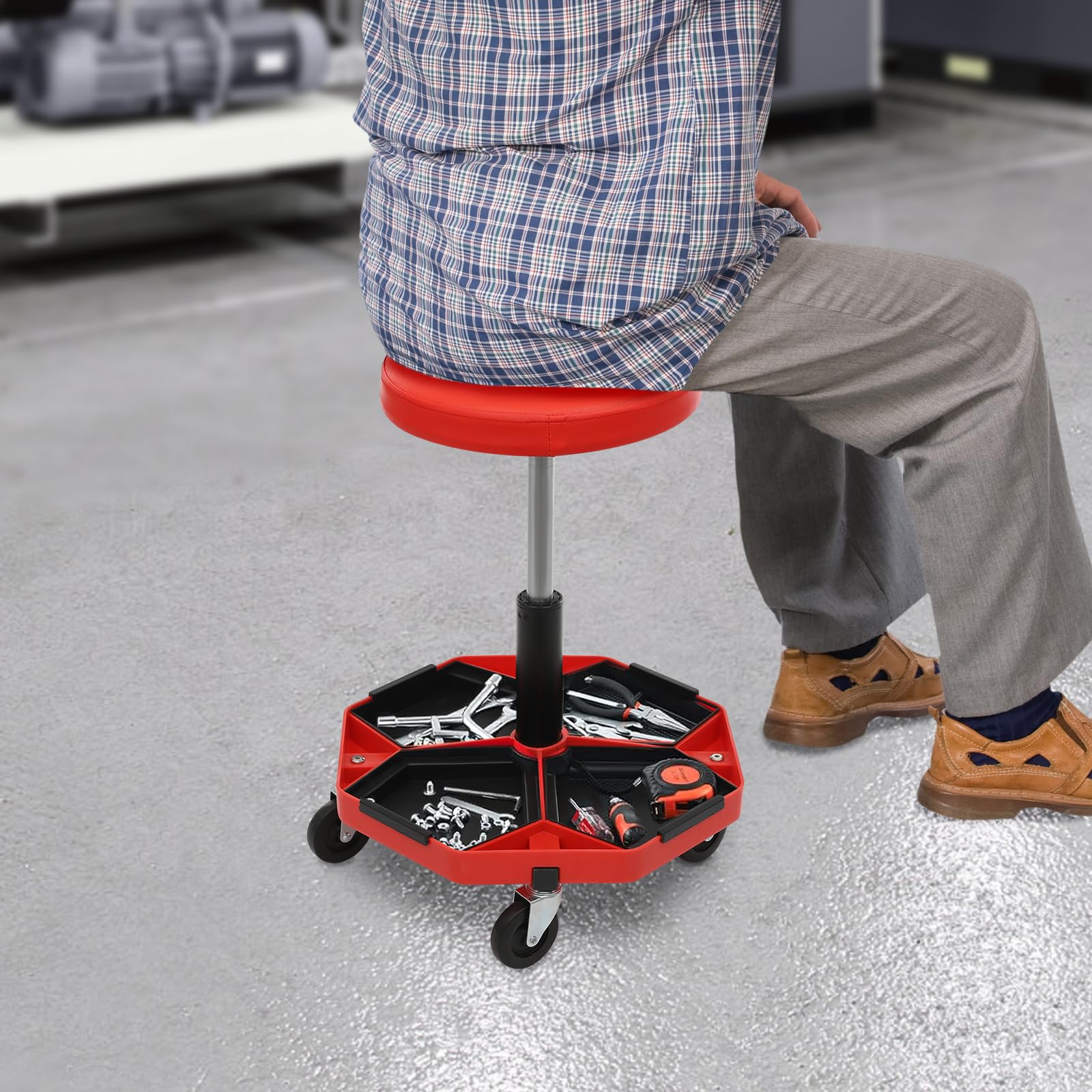 Sgabello da officina, sedia a rotelle da officina, capacità di carico 150 kg, sgabello da officina con 4 ruote universali, 45-61 cm, altezza regolabile, sgabello pneumatico (rosso)