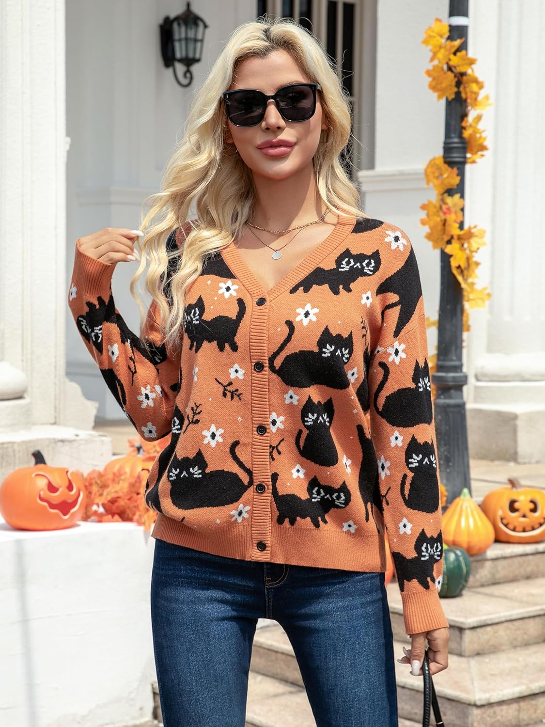 Christmas Cat Cardigan Sweaters for Women Black Cat Knit Sweater Button Down V Neck Fall Winter Open Front Outerwear - Image 6