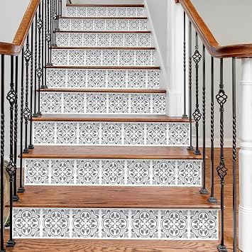 WALPLUS Peel and Stick Stair Riser Decals 15 Strips 39" x 7.1" Antique Pattern Tiles Stair Stickers Stair Decals Stair Risers Covers Wallpaper for Stairs Easy Installation Home Decor