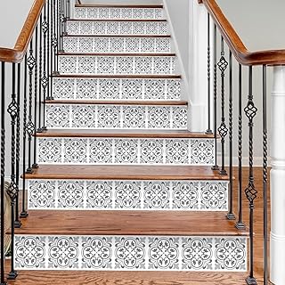 WALPLUS Peel and Stick Stair Riser Decals 15 Strips 39" x 7.1" Antique Pattern Tiles Stair Stickers Stair Decals Stair Risers Covers Wallpaper for Stairs Easy Installation Home Decor
