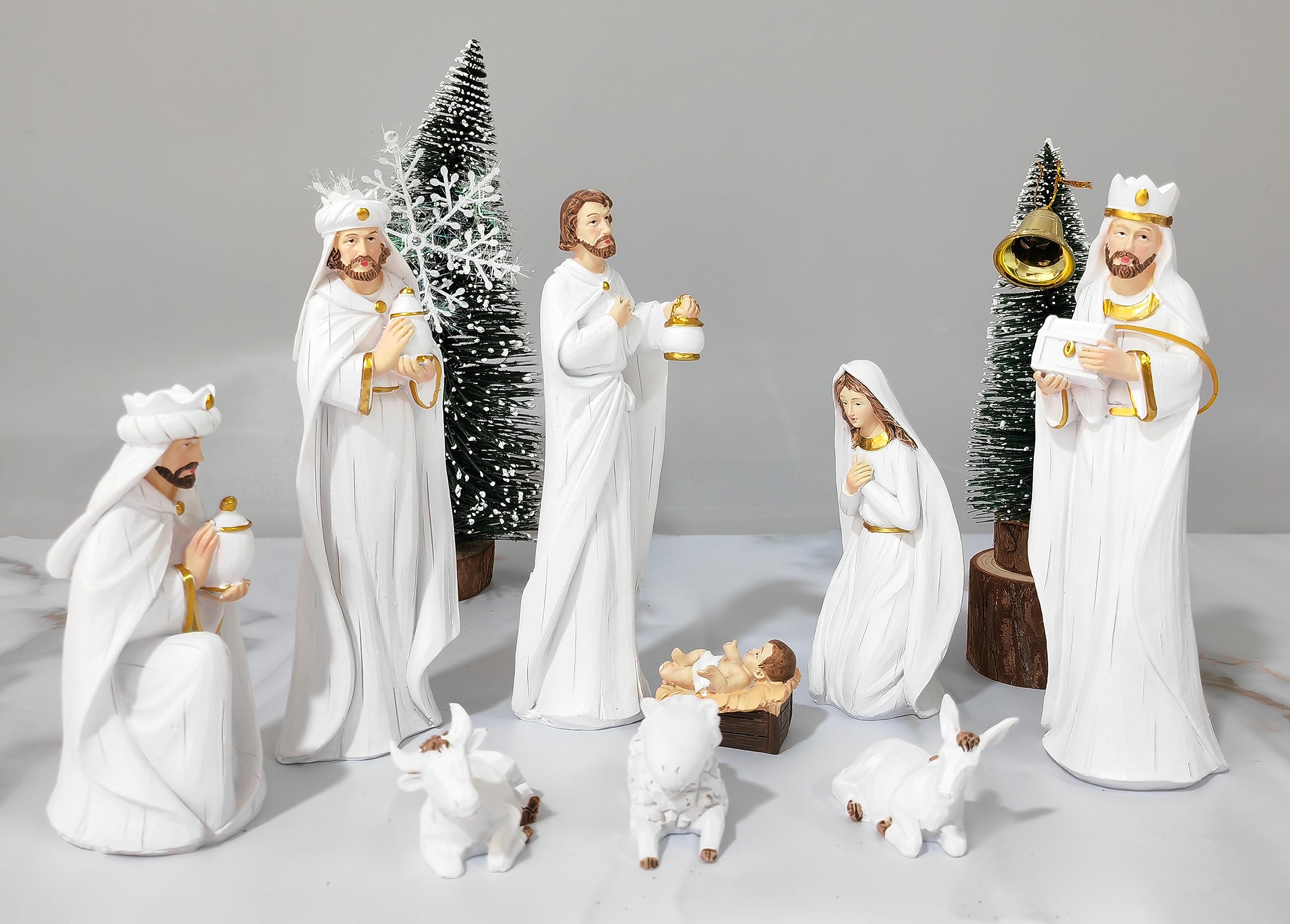 Juegos de belén para interiores de Navidad, estatua de belén, figuras de Navidad blancas y doradas, decoración para decoración religiosa de mesa, juego de 9