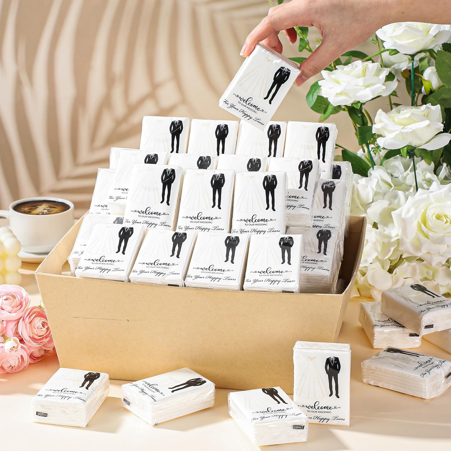 Engrowtic 100 Packs Wedding Facial Tissues Packs for Guests Mini Tissues Travel Size 4 Ply Happy Tears Favors Welcome to Our Wedding for Hotel Ceremony(Classic)