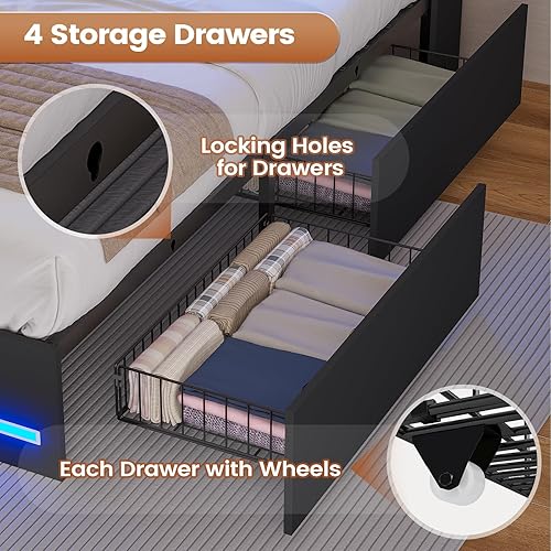 Miniatura 6 de AOGLLATI Estructura de cama Queen con elegante cabecero tipo estantería y estación de carga y luces LED, estructura de cama tamaño Queen con 4