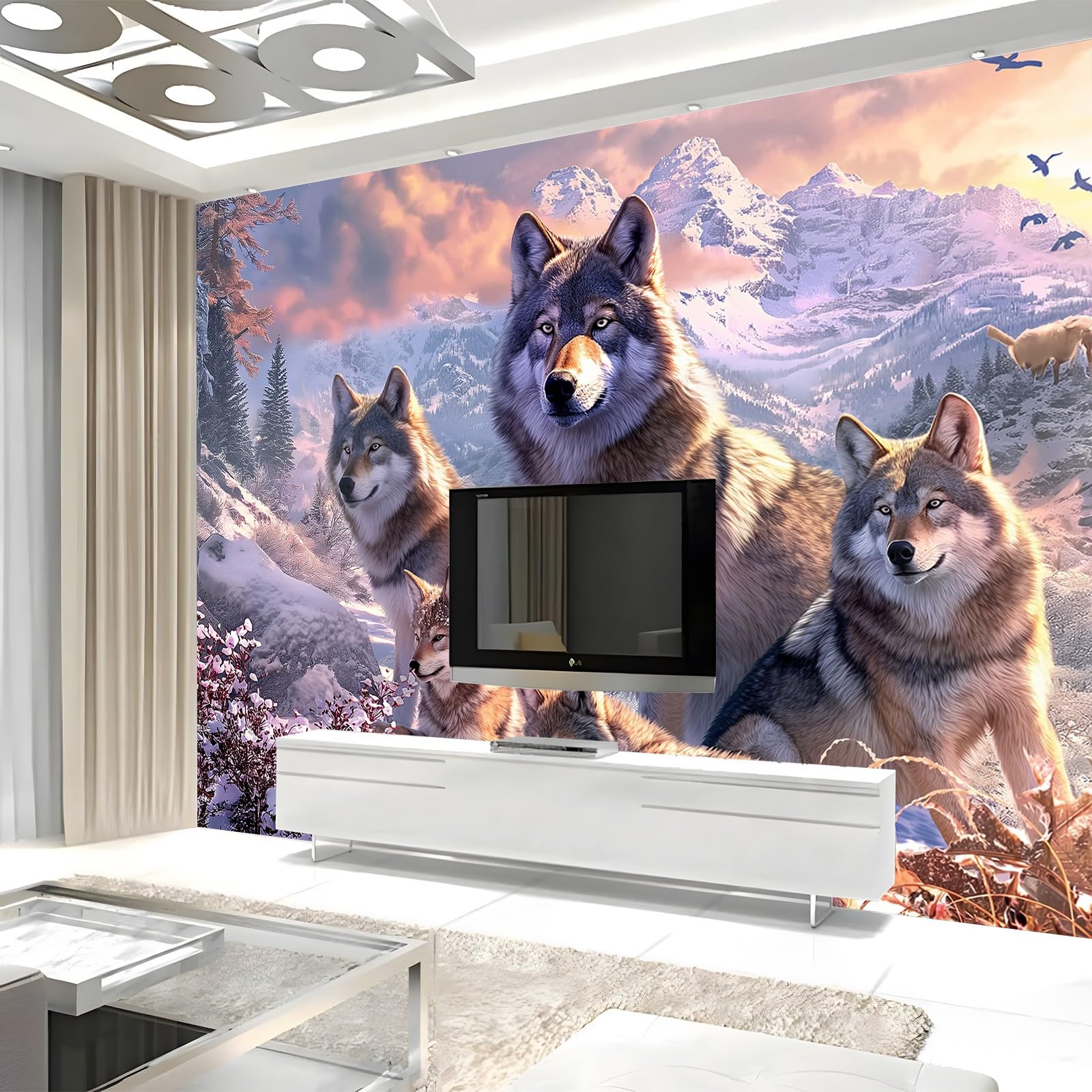 Générique Papier Peint Mural Chambre Loup Animal De Montagne De Neige 300x210 cm Poster Geant Mural 3D Tableaux Muraux Tapisserie Photo, Salon Chambre d'enfants Mur de Fond Papier Peint Panoramique