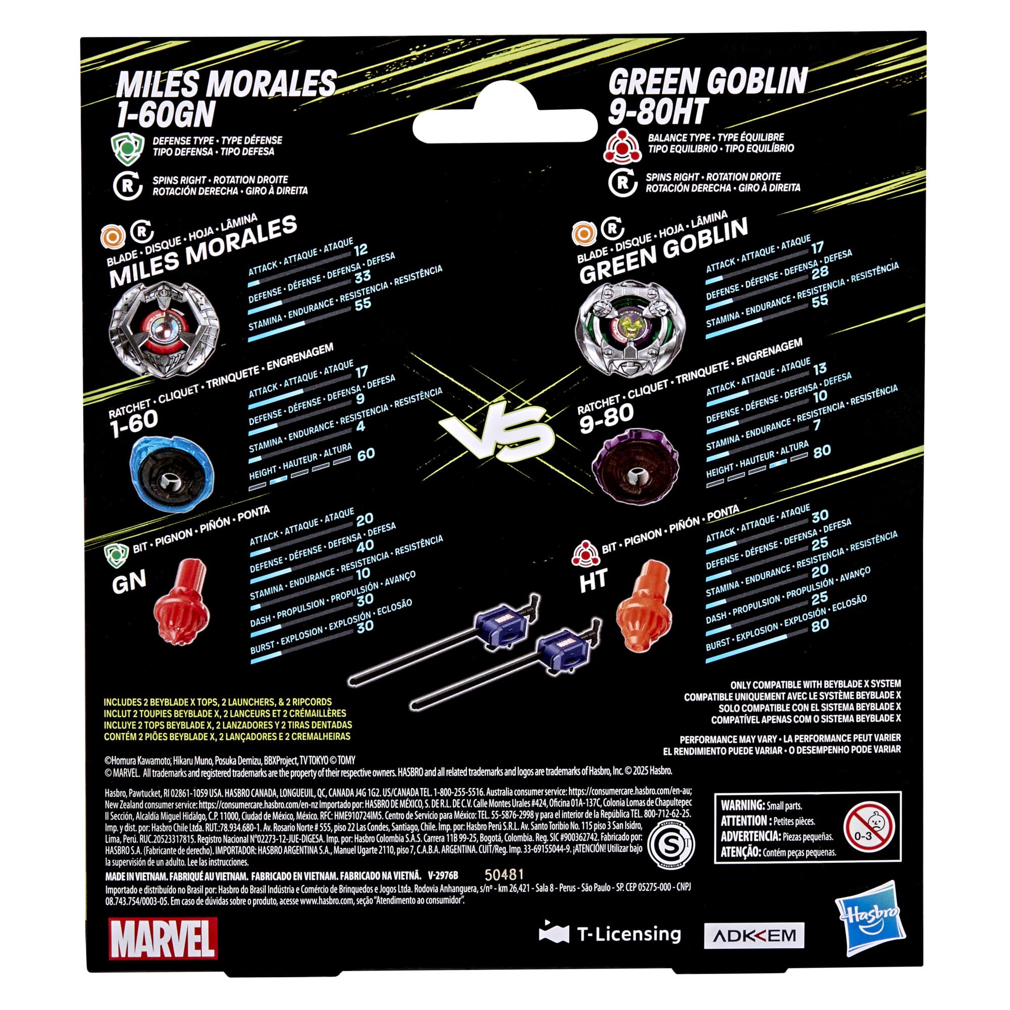 Colaboración Beyblade X y Marvel, Miles Morales 1-60GN vs. Green Goblin 9-80HT