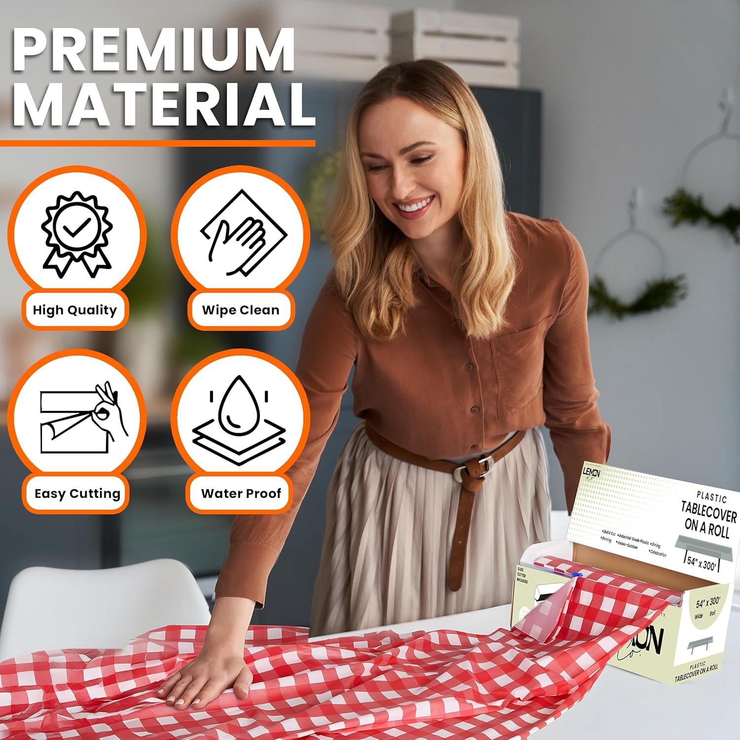 LEMON + Co. Red Gingham Premium Plastic Tablecloth Roll - 54" x300' for Parties with Cutter Box - Cut to Size Rectangle & Round Disposable Tablecloth Plastic Table Cover - Image 2