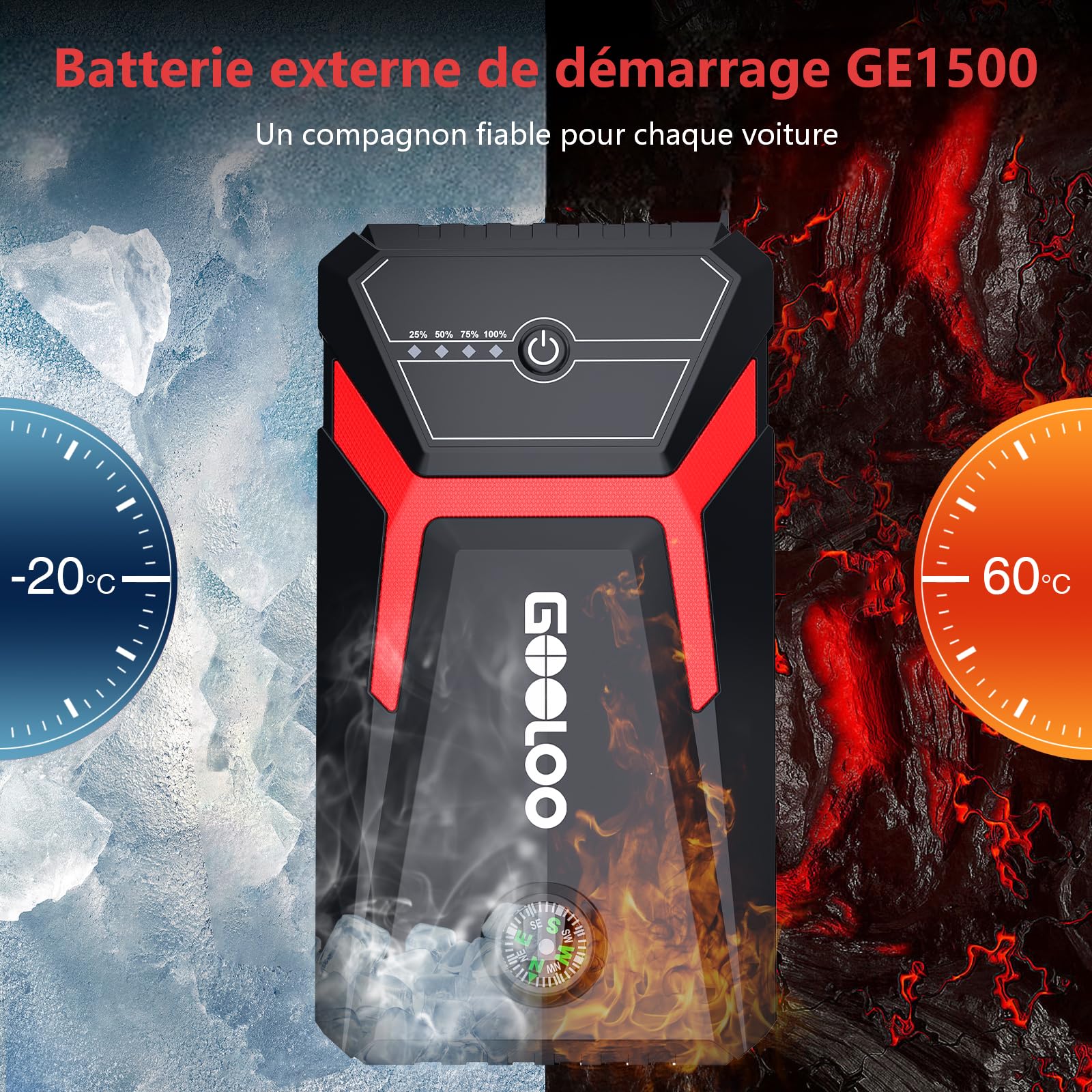 GOOLOO GE1500 Démarreur de Batterie Voiture 12V 1500A, Booster Jump Starter avec Power Bank, Pinces Intelligentes et Lampe LED, pour Véhicules Essence 6.0L et Diesel 4.0L