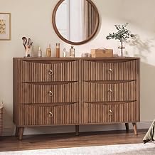 55.1" Wide Walnut Dresser for Bedroom, Fluted 6 Drawer Dresser