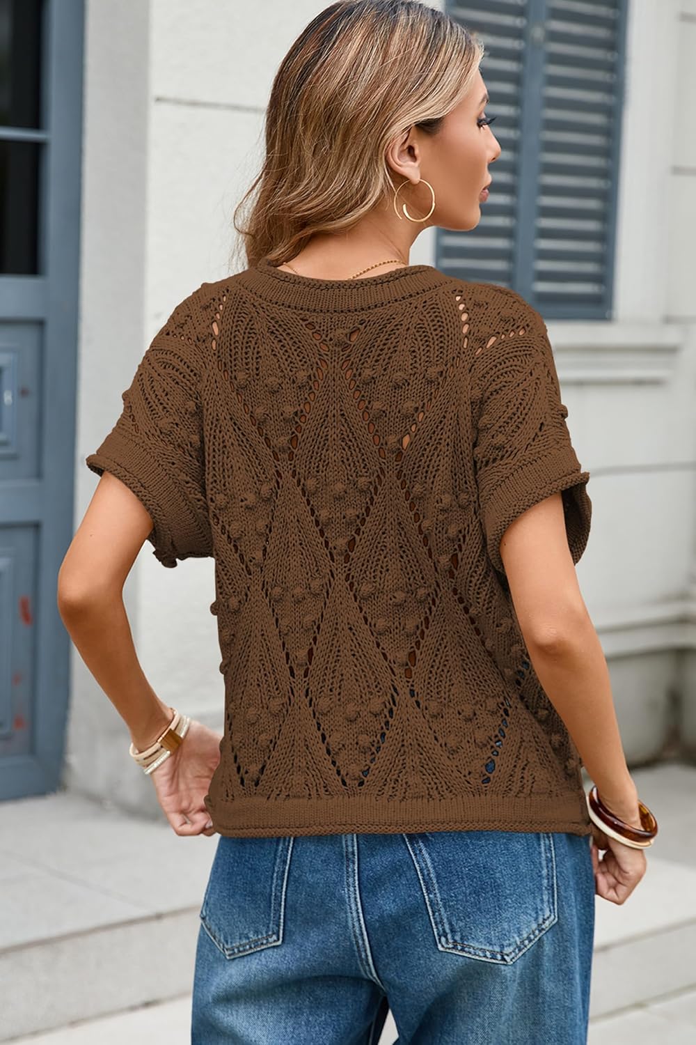 Cakulo Womens Short Sleeve Summer Lightweight Crochet Sweaters 2025 Boho Crop Tops Knit Fashion Clothes Brown L - Image 3