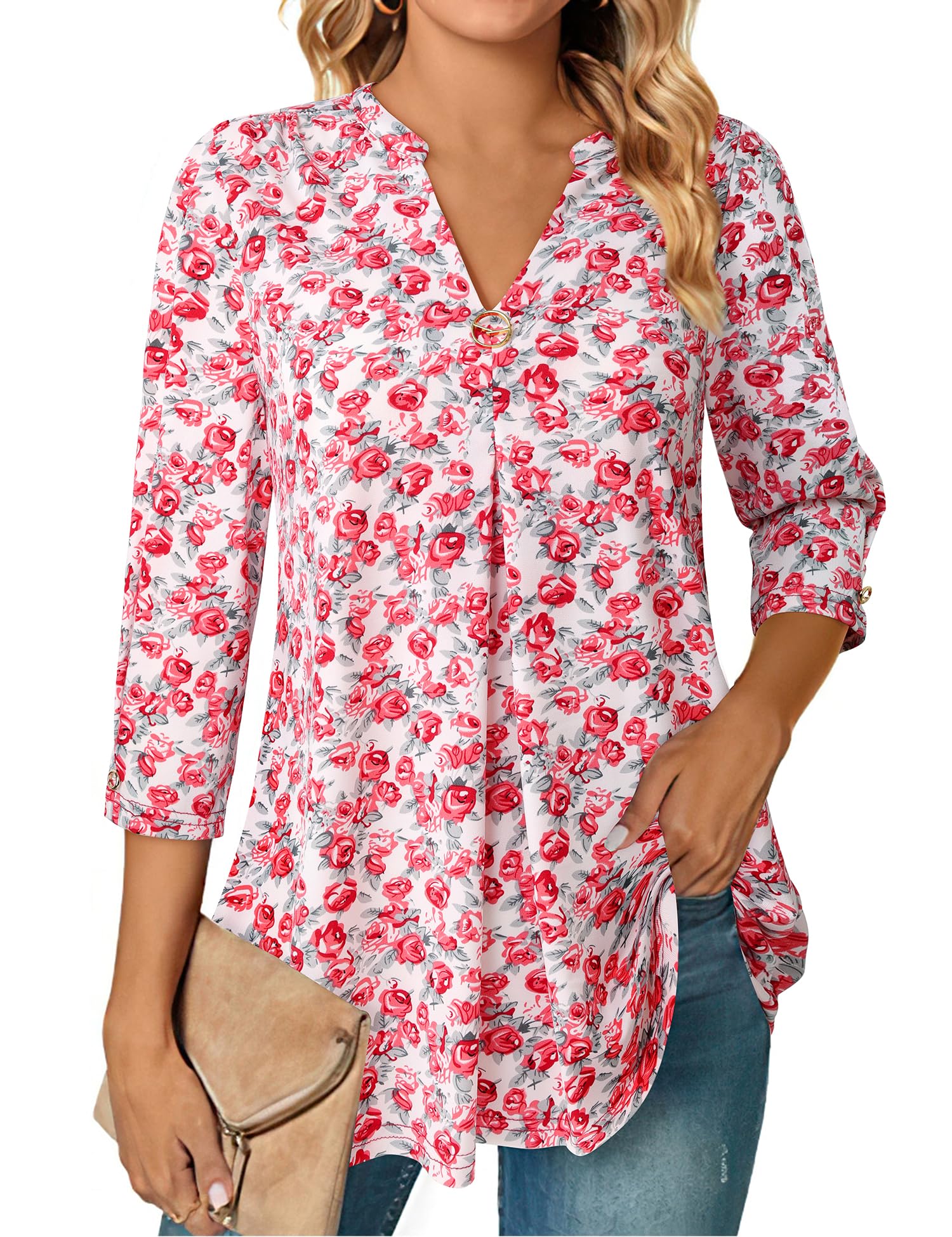 VALOLIA Womens Tops 3/4 Sleeve Shirts V Neck Blouses Dressy Casual Tunic Tops M-XXL