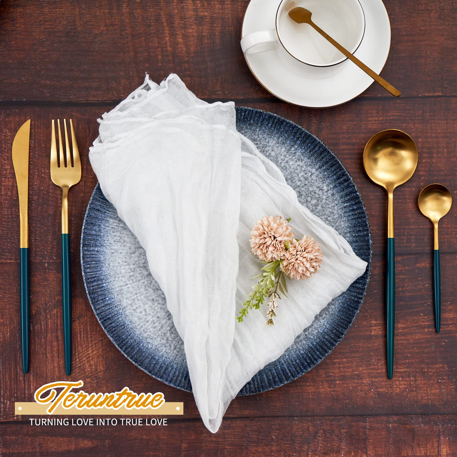 Teruntrue 42 Paquetes Servilletas de Gasa Blancas Arrugadas para Cena, 50x50 cm, Estilo Rústico Boho, Suaves, para Bodas y Fiestas