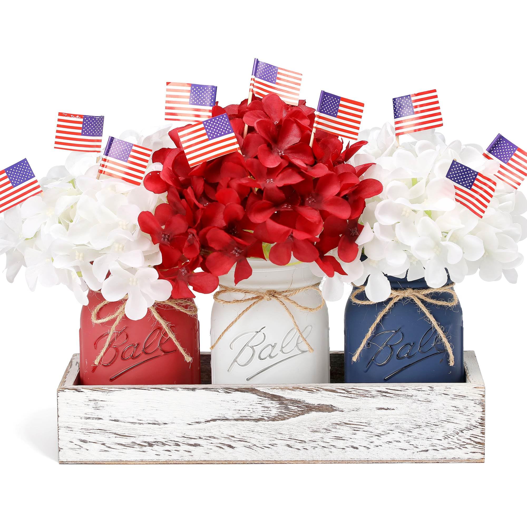 Patriotic Table Decorations, Memorial Day Decor, Patriotic Mason Jars with Mini American Flags, 4th of July Decorations, Red White and Blue Decor,