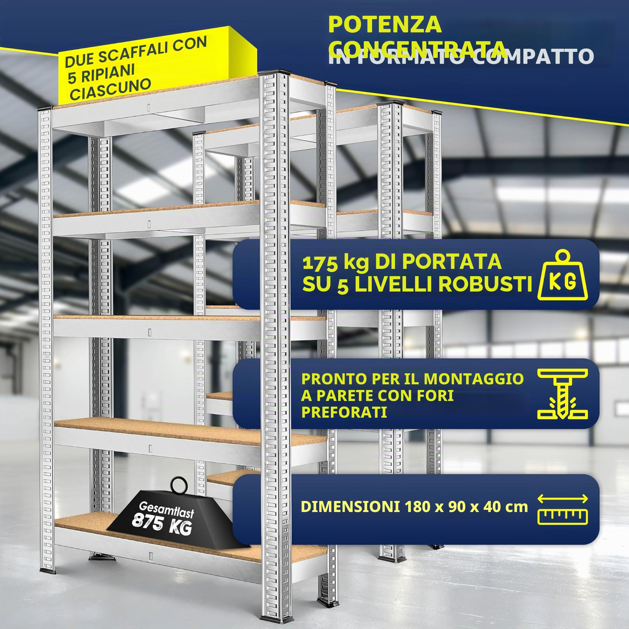 MASKO® - Scaffale per carichi pesanti, 2 pezzi, 180x90x40 cm, portata fino a 875kg, con 5 ripiani regolabili, in pannelli di fibra a media densità (MDF) e metallo, per officina, cantina, garage,