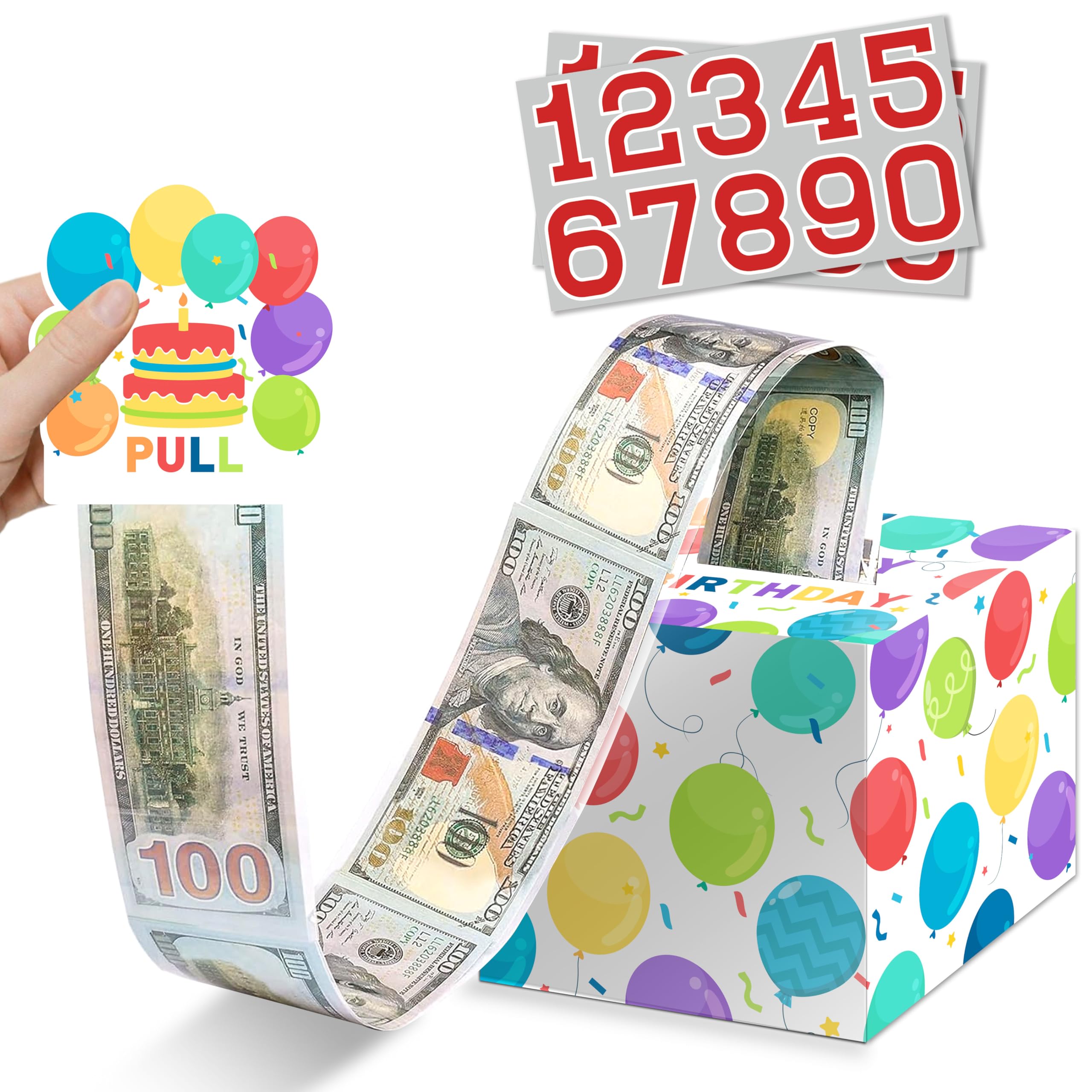 Birthday Money Pull Box for Cash Gift with DIY Stickers for Any Age, Surprise Money Gift Box with Birthday Balloon Cake Card and 35 Plastic Bags with Tape, Money Gift Ideas for Kids Teens - A05