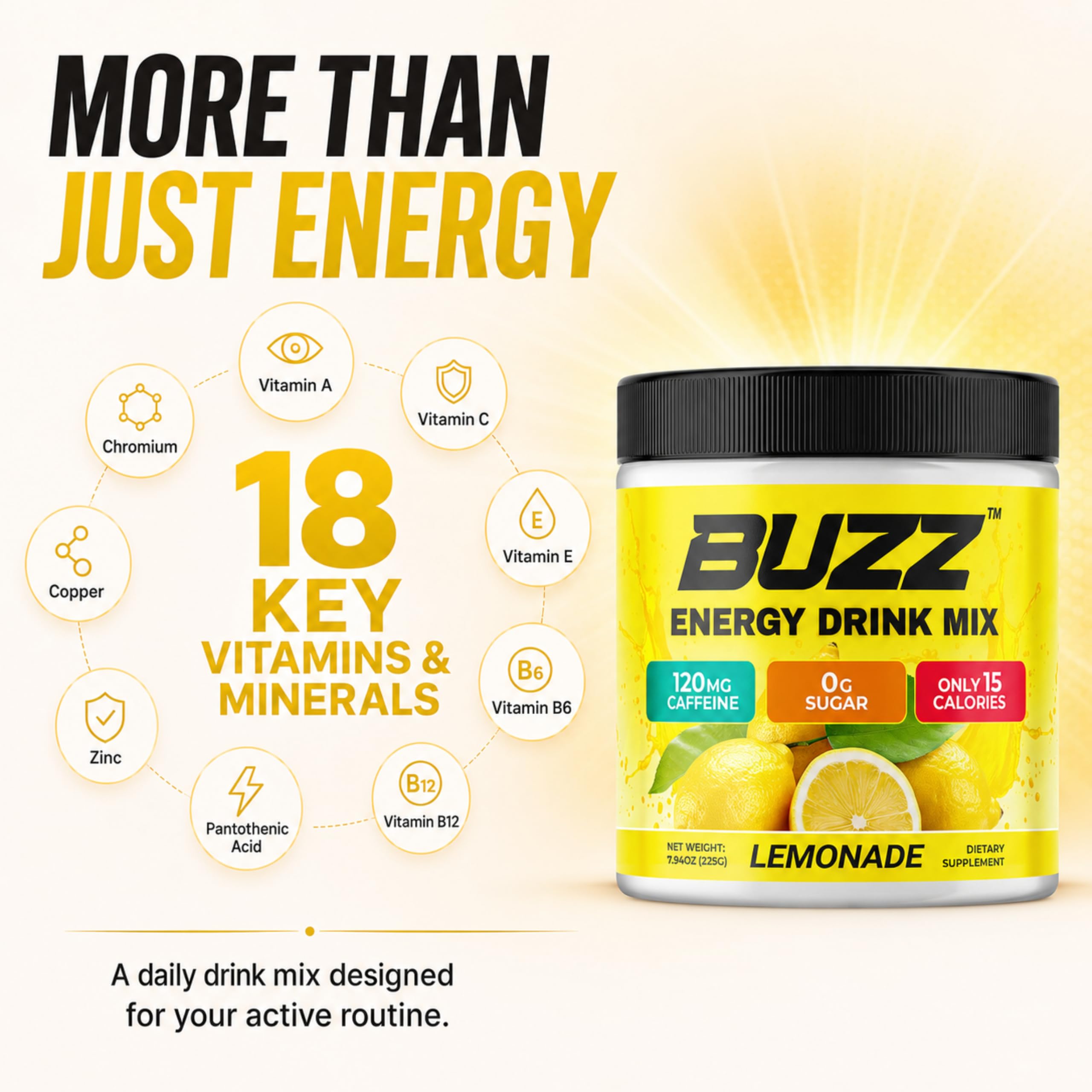 Sugar Free Energy Drink Powder - 18 Vitamins & Minerals, Lemonade Flavor — Amazon image 5