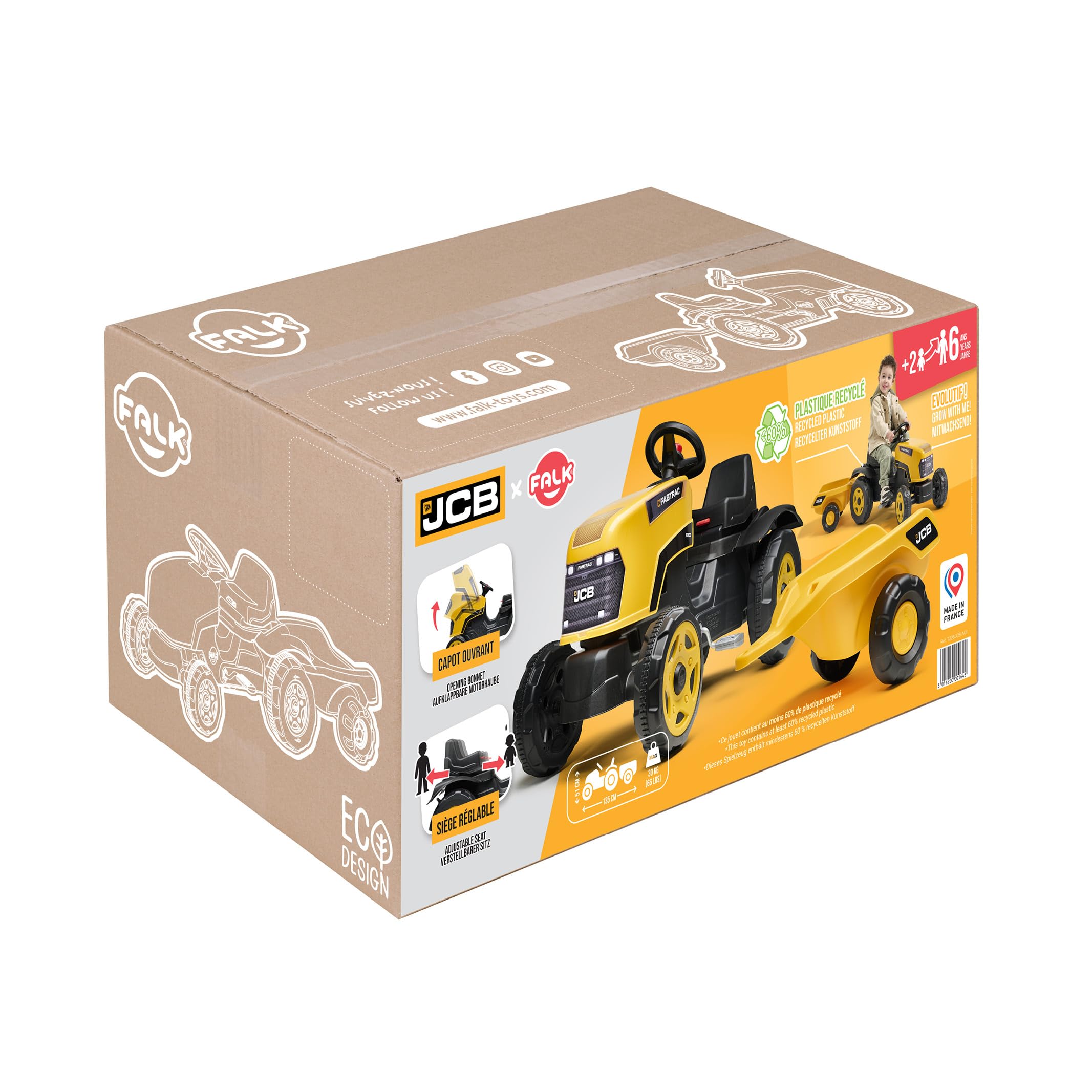 Falk JCB Traktor mit Pedalen für Kinder, mit Anhänger, ab 2 Jahren | Haube zum Öffnen und verstellbarer Sitz