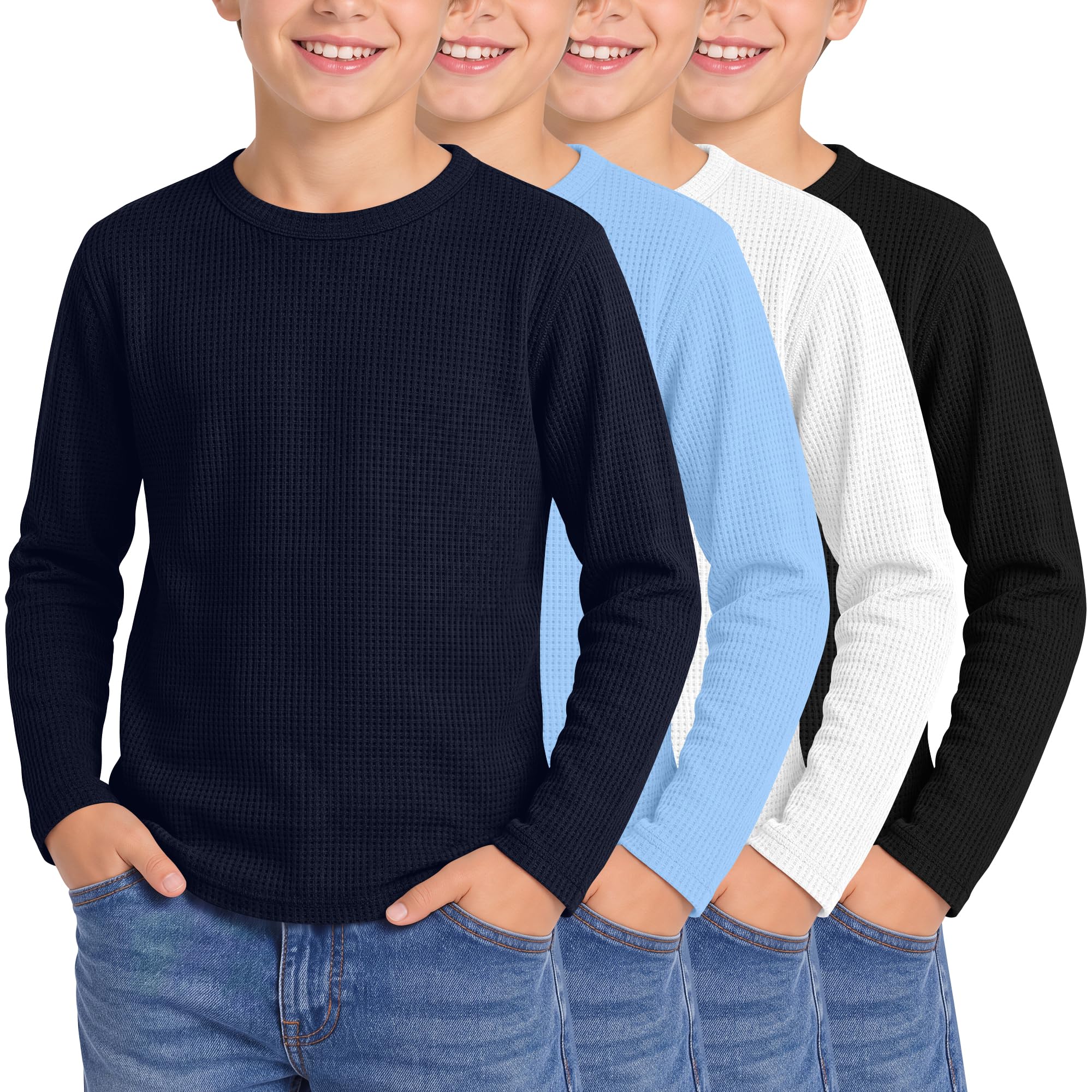 4 Pack Boys Long Sleeve Waffle Knit Thermal Shirts