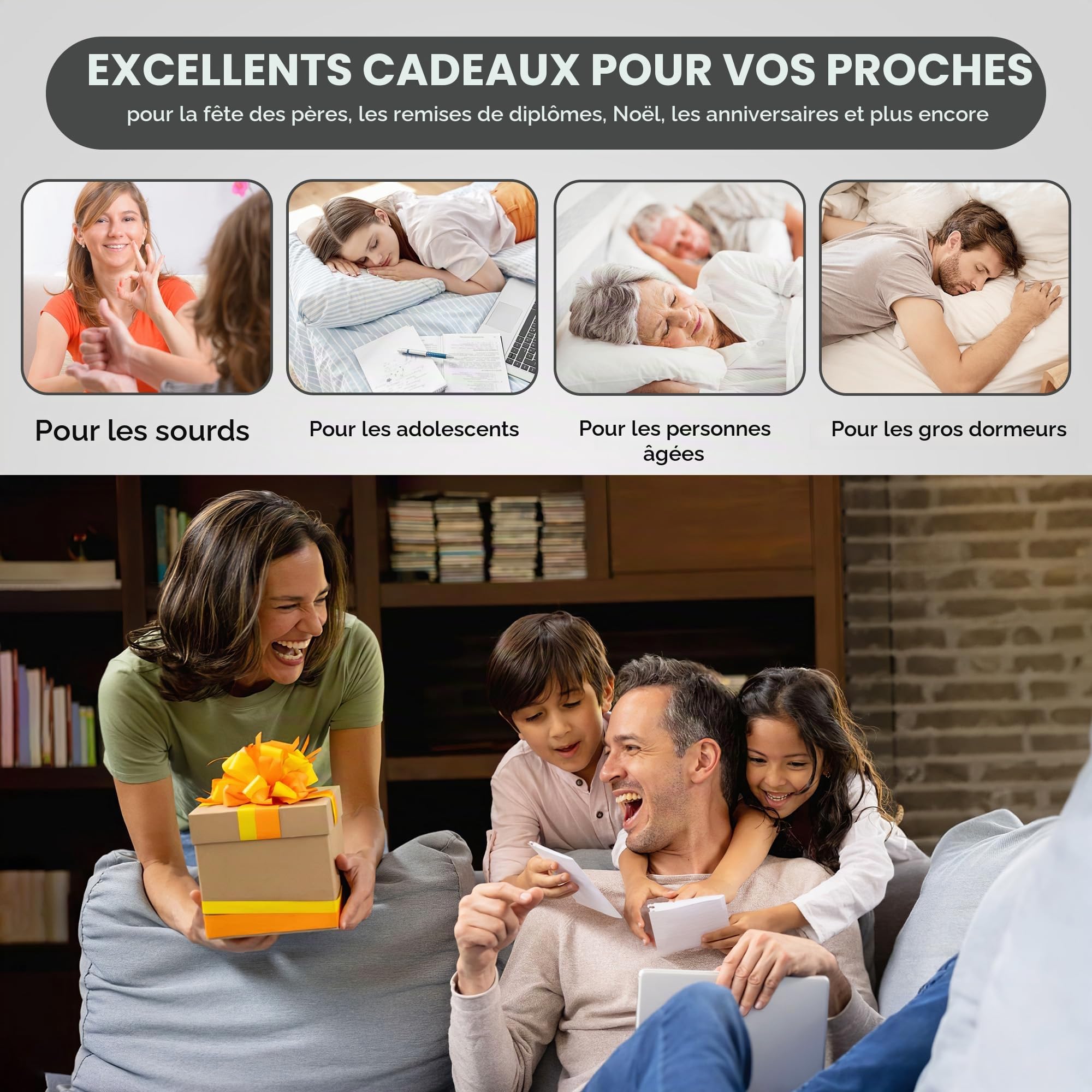 Geemarc Sonic Bomb - Réveil avec Alarme Super Puissante, Coussin Vibrant et Fonction Répétition de Sonnerie - Pour les Personnes Malentendantes et les Gros Dormeurs - Version FR