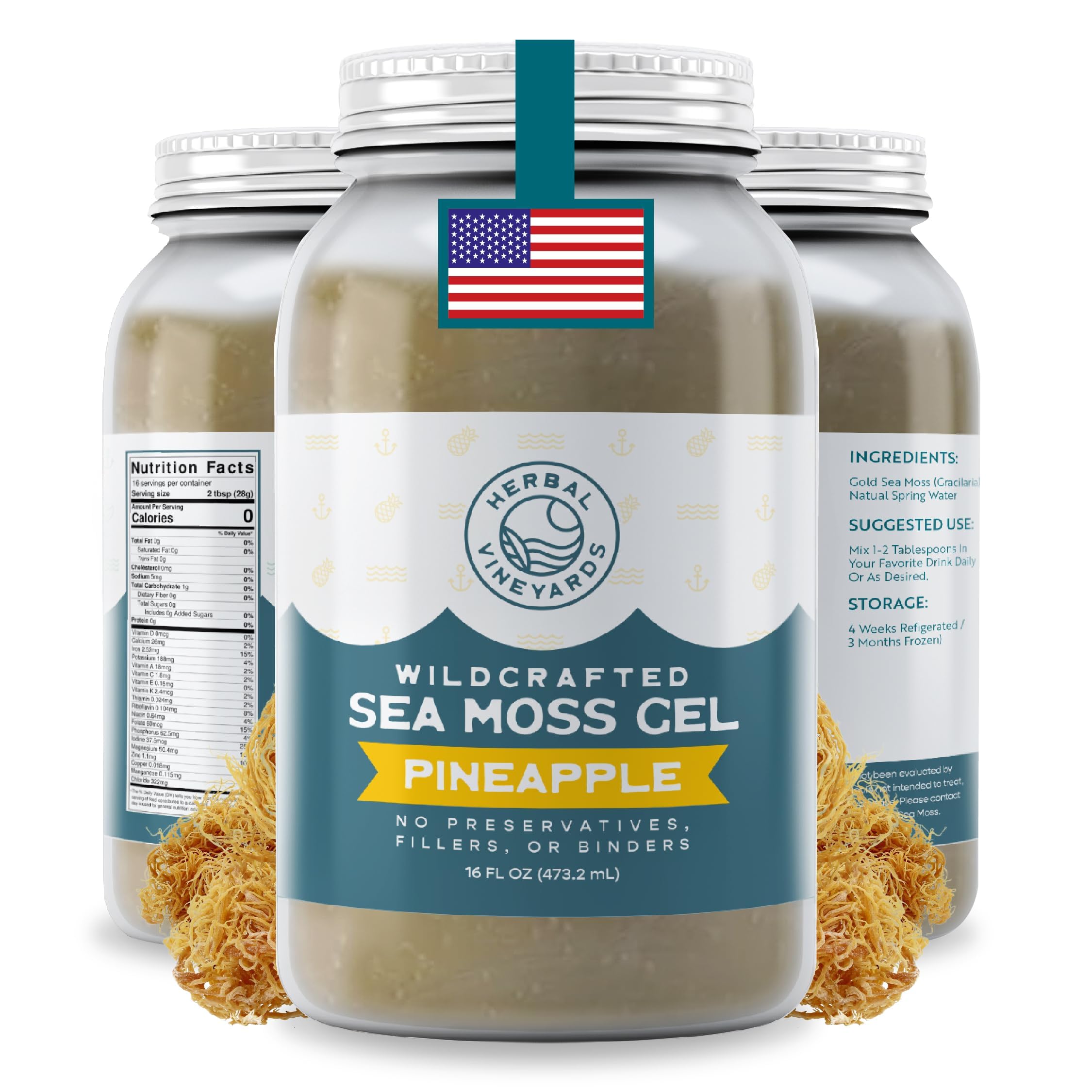 Herbal Vineyards Wildcrafted Irish Pineapple Sea Moss Gel 16 Oz - Organic Seamoss Gel Made with Dried Seaweed & Fresh Sea Vegetables, Natural & Plant-Based, Harvested in Pristine Waters, USA