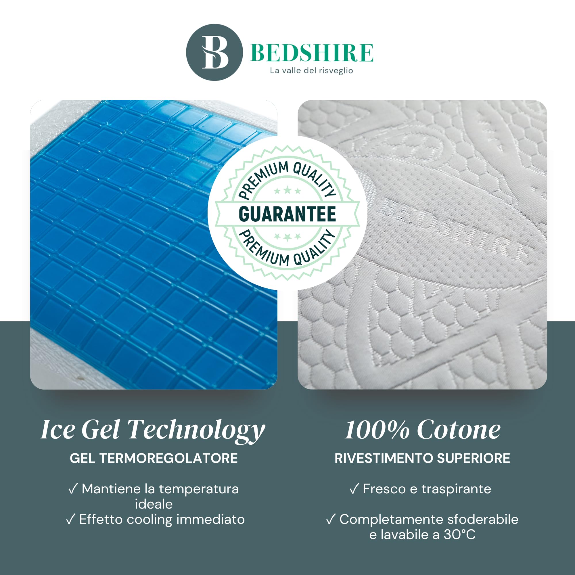 Bedshire Pillow - Almohada cervical para dormir, ortopédica, refrescante, almohada con espuma viscoelástica HD, funda de algodón con gel termorregulador desenfundable de 13 cm de altura, fabricada en