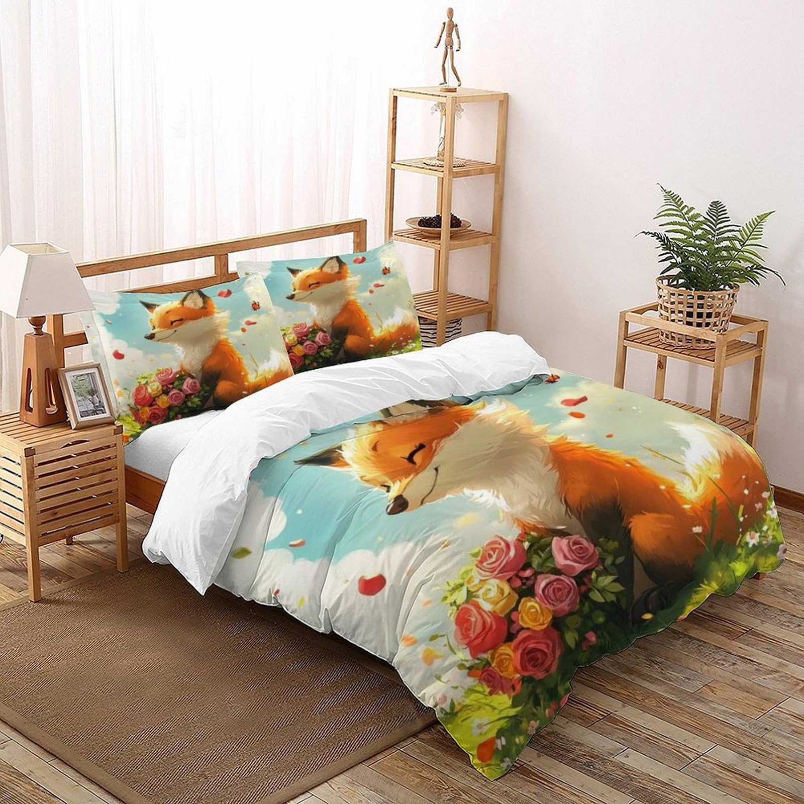 Fox Flower Bedding Set 3D Digital Printing Animal Themes Wildlife Duvet Cover Set 3 Pieces Chic Breathable Comforter Cover for Boys & Girls with Pillowcase Super King（260x220cm）