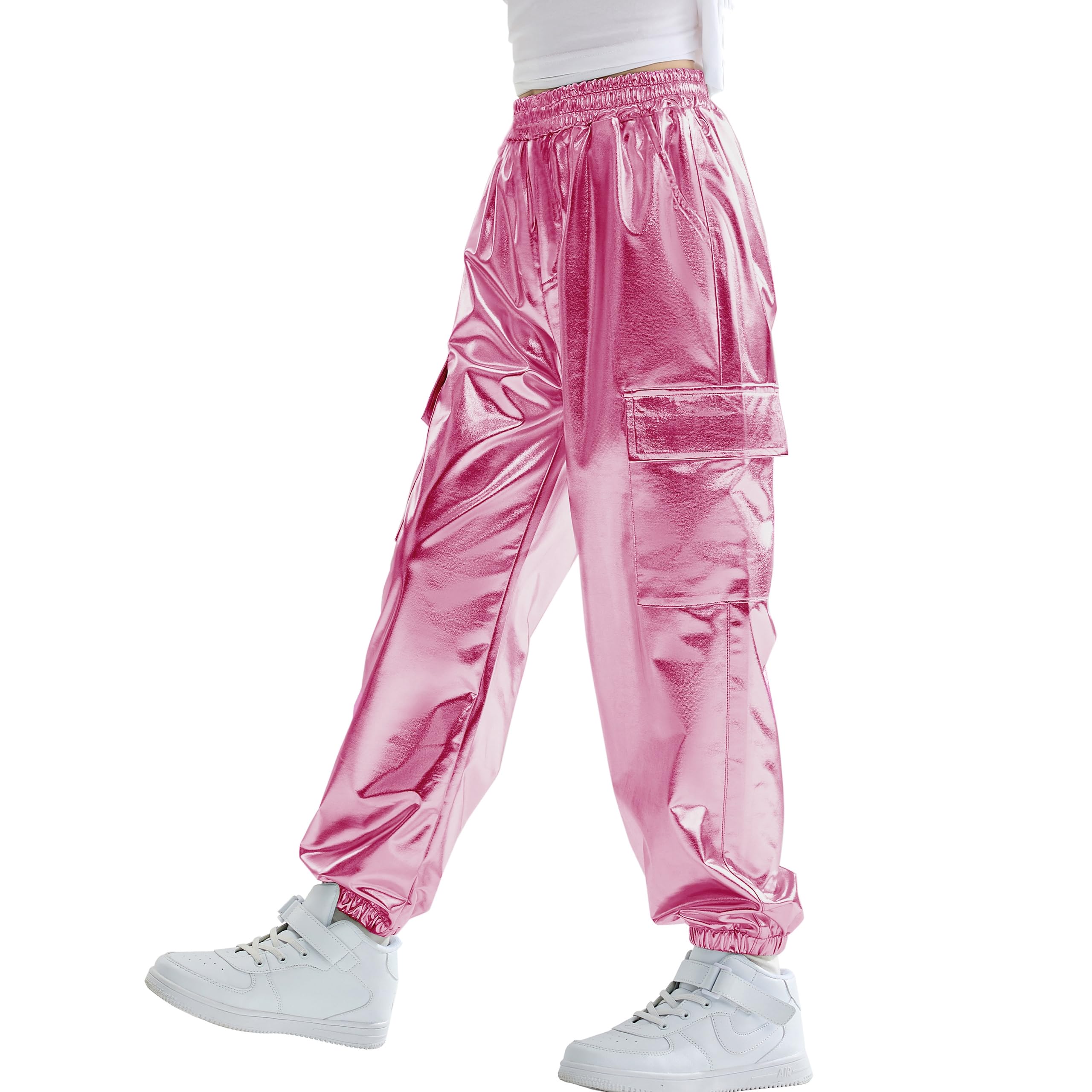 Rolanko Pantalones Cargo Niñas, Dance Hip Hop Pantalones Metálicos Brillantes Cintura Elástica Retro Streetwear