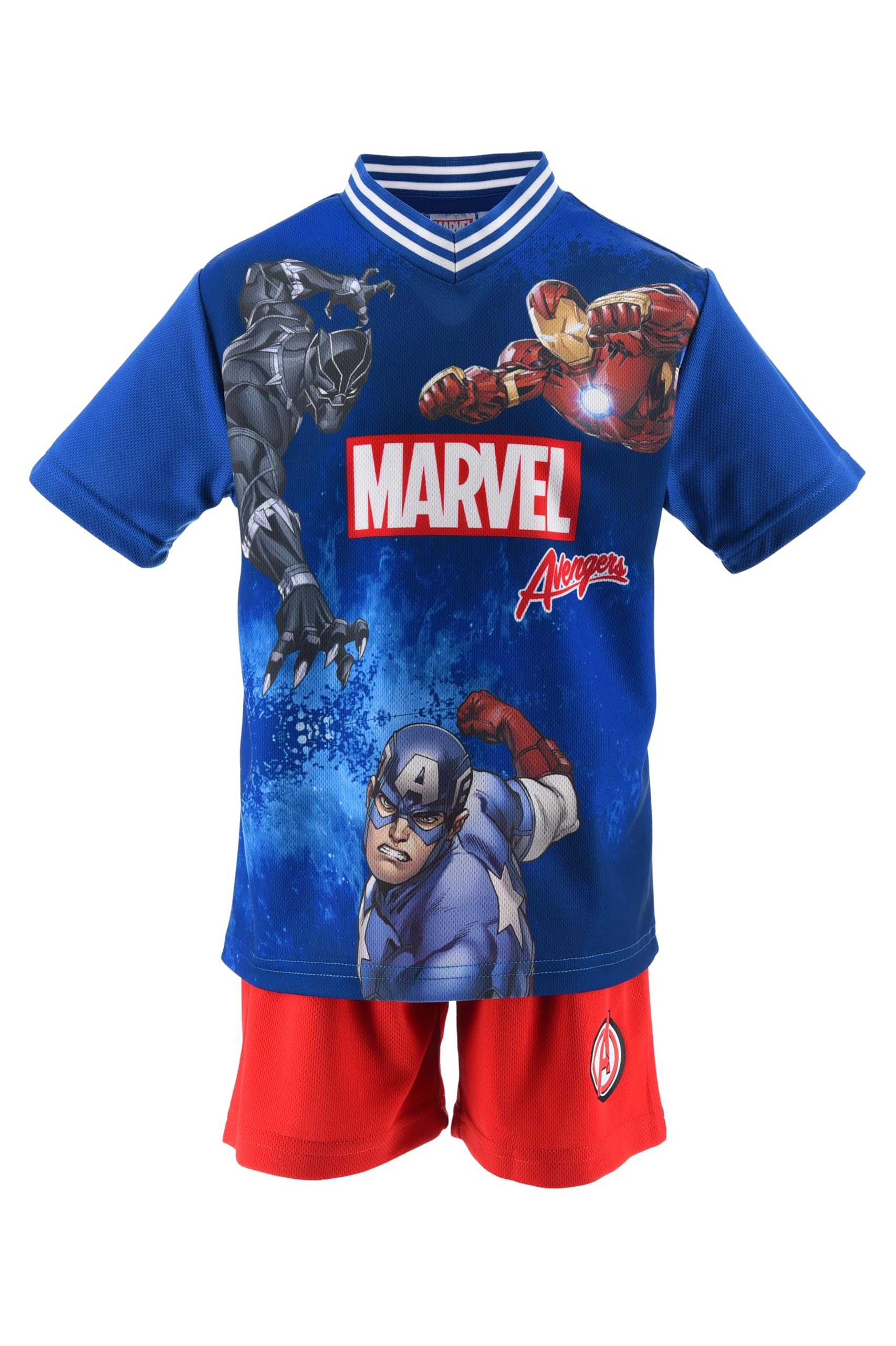 Marvel Avengers Completo Bambini, T-Shirt a Maniche Corte e Pantaloncini, Tessuto Leggero e Traspirante, Stampa Captain America, Iron Man, Black Panther