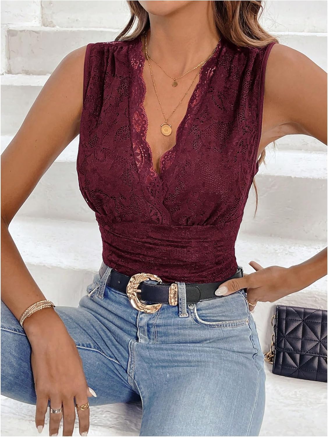 Milumia Women's Lace Bodysuit Sleeveless Deep V Neck Lace Tops Body Suits Date Night - Image 5