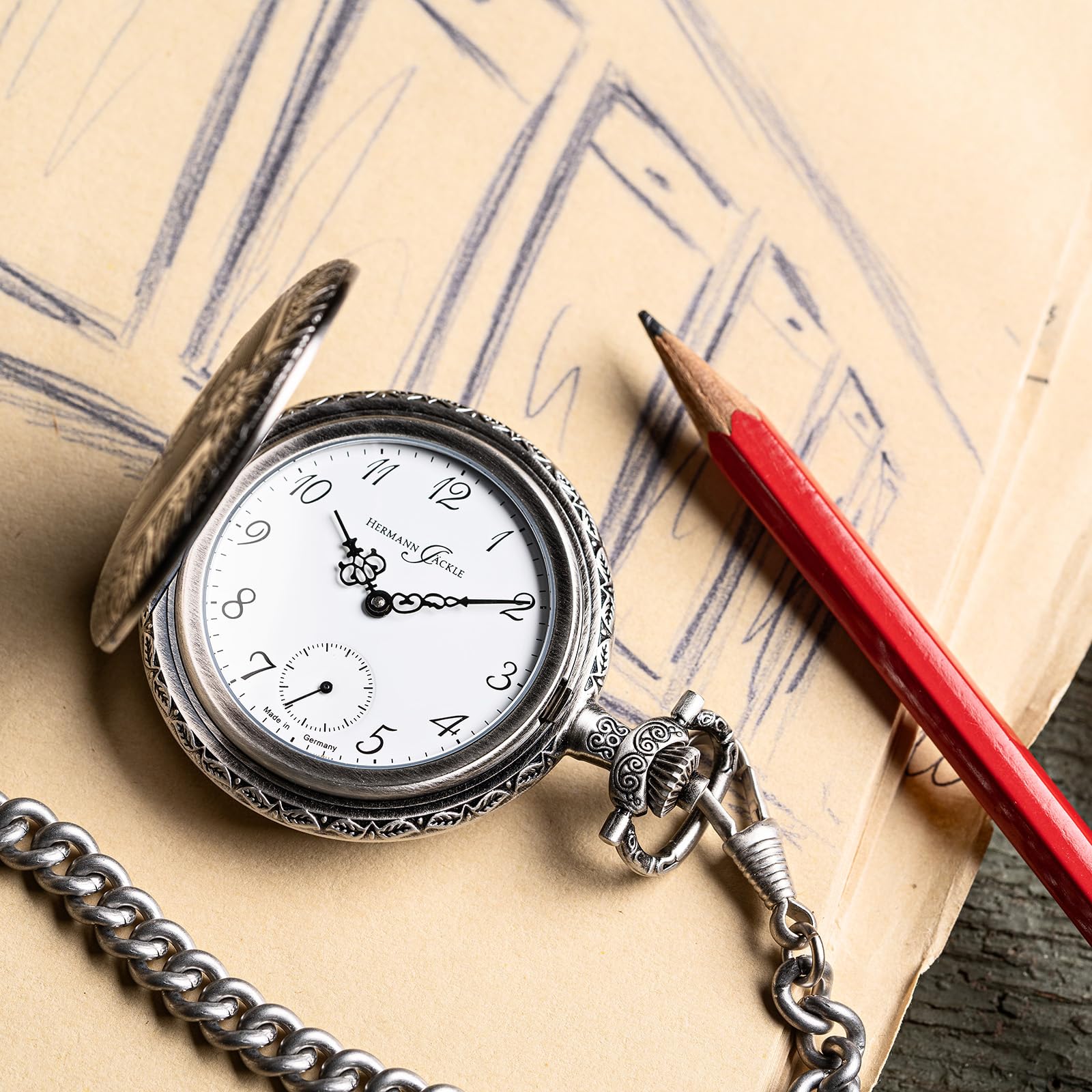 Hermann Jäckle Herren Taschenuhr Schöntal 2 Antiklook Handaufzug 50 mm | Made in Germany, Handaufzugswerk, kleine Sekunde, inklusive Kette und Reiseetui.
