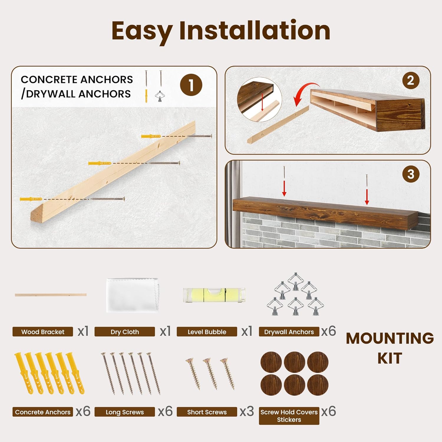 Acovy Floating Fireplace Mantel Shelves, 48x8x3 Inches Natural Wooden Floating Shelf for Over Fireplace, Wall-Mounted Mantel Shelf for Living Room and Home Decor, Rustic Traditional