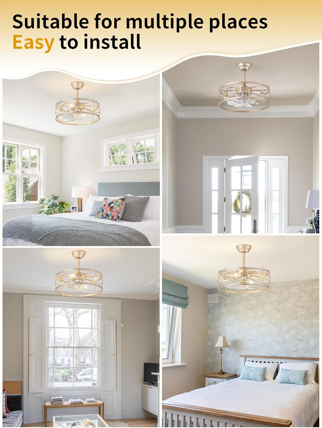 20" Farmhouse Fandelier Ceiling Fan with Light, Caged Bladeless Ceiling Fans with Lights and Remote, Rustic Small Enclosed with 6 Speeds for Bedroom, Kitchen, Living Room, Gold