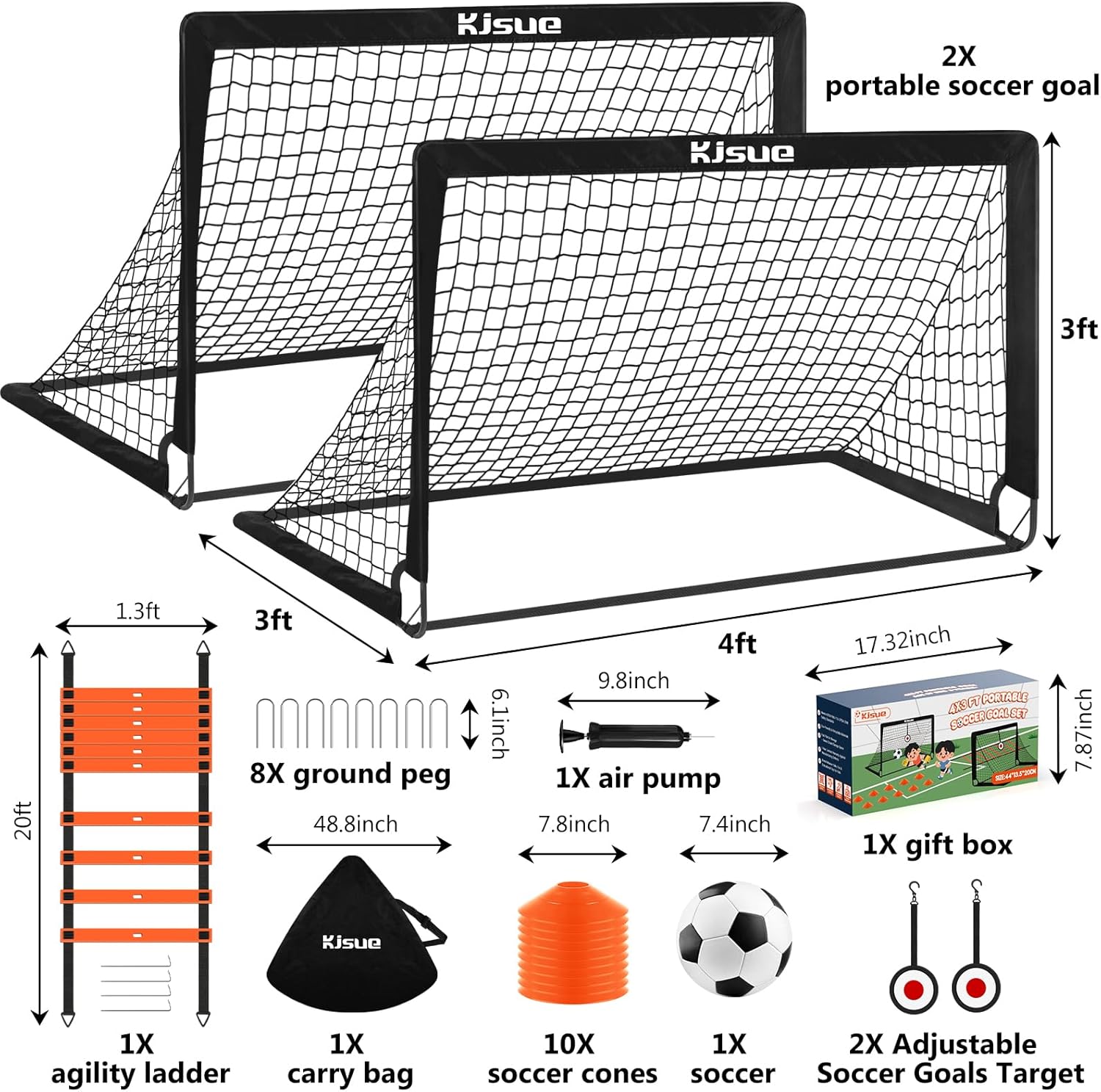 Soccer Goal, Kids Soccer Goals for Backyard Set of 2, 4 x 3ft Soccer Net Training Equipment, Pop Up Toddler Soccer Goal for Outdoor Indoor Sports Games with Soccer Ball, Ladder, Cones, Targets