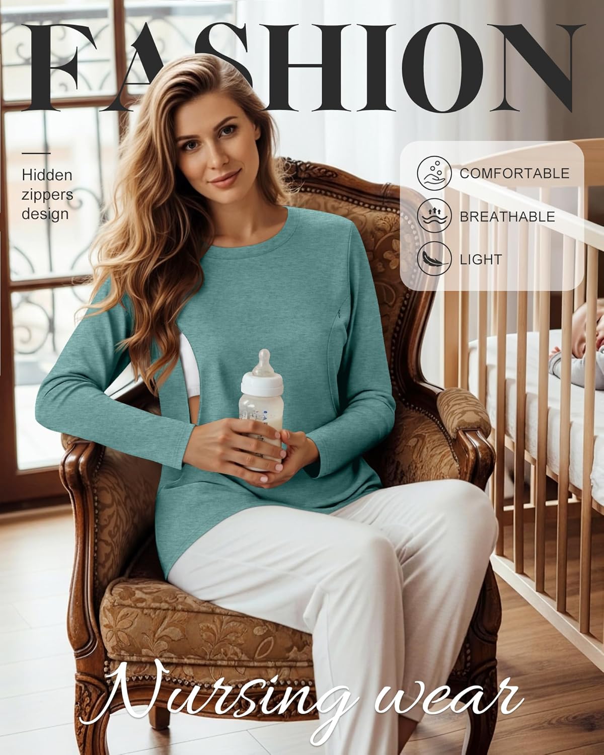 Women's Maternity Nursing Shirt, Cotton Knit Long Sleeve Breastfeeding Top with Hidden Zipper Pregnancy Clothes - Image 2