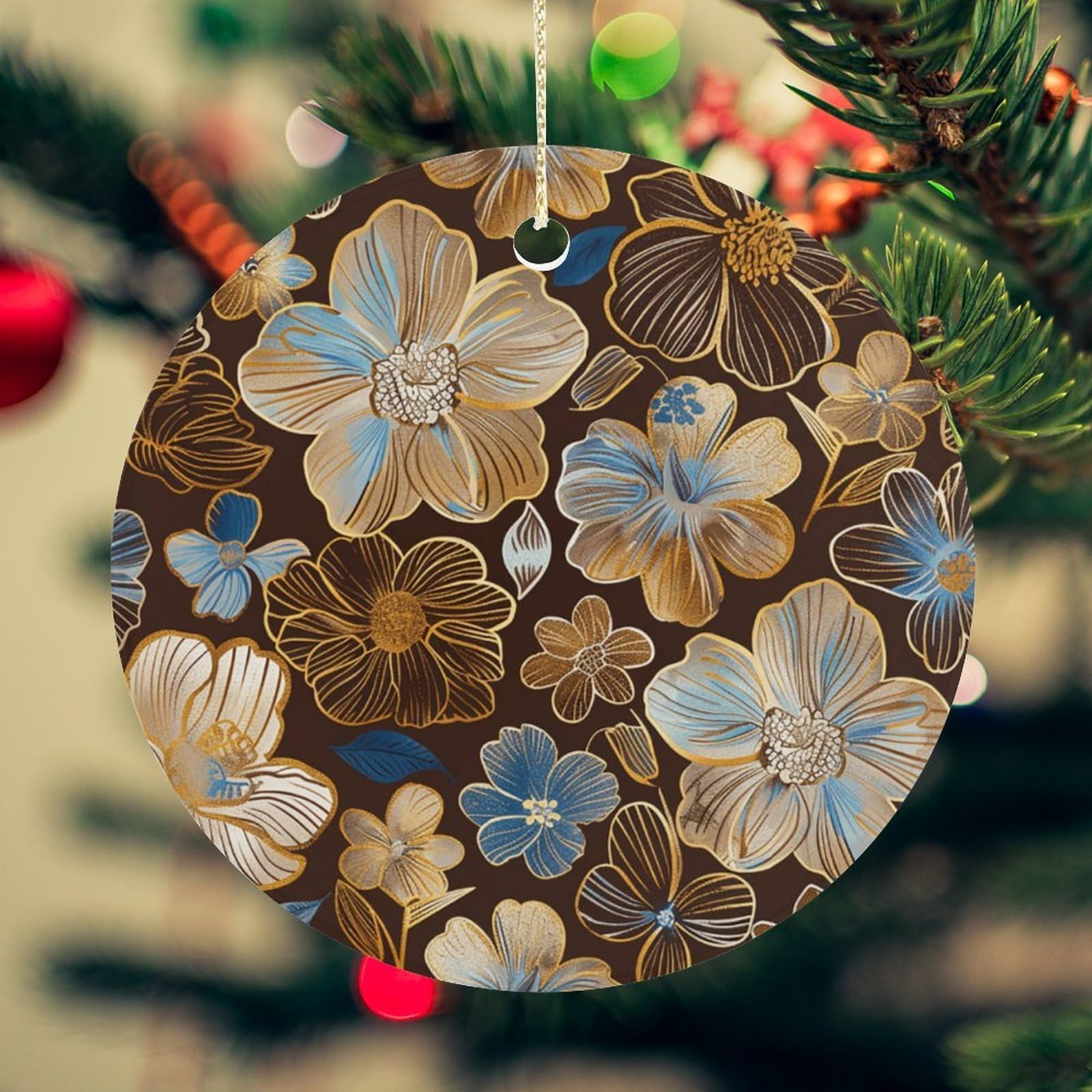 Hand Drawn Flowers Christmas Ornament for Christmas Tree Ceramic Round Ornament Winter Holiday Keepsake Gift 2.7" Christmas Tree Hanging Decorations Circle Ceramic Pendant Xmas Gift