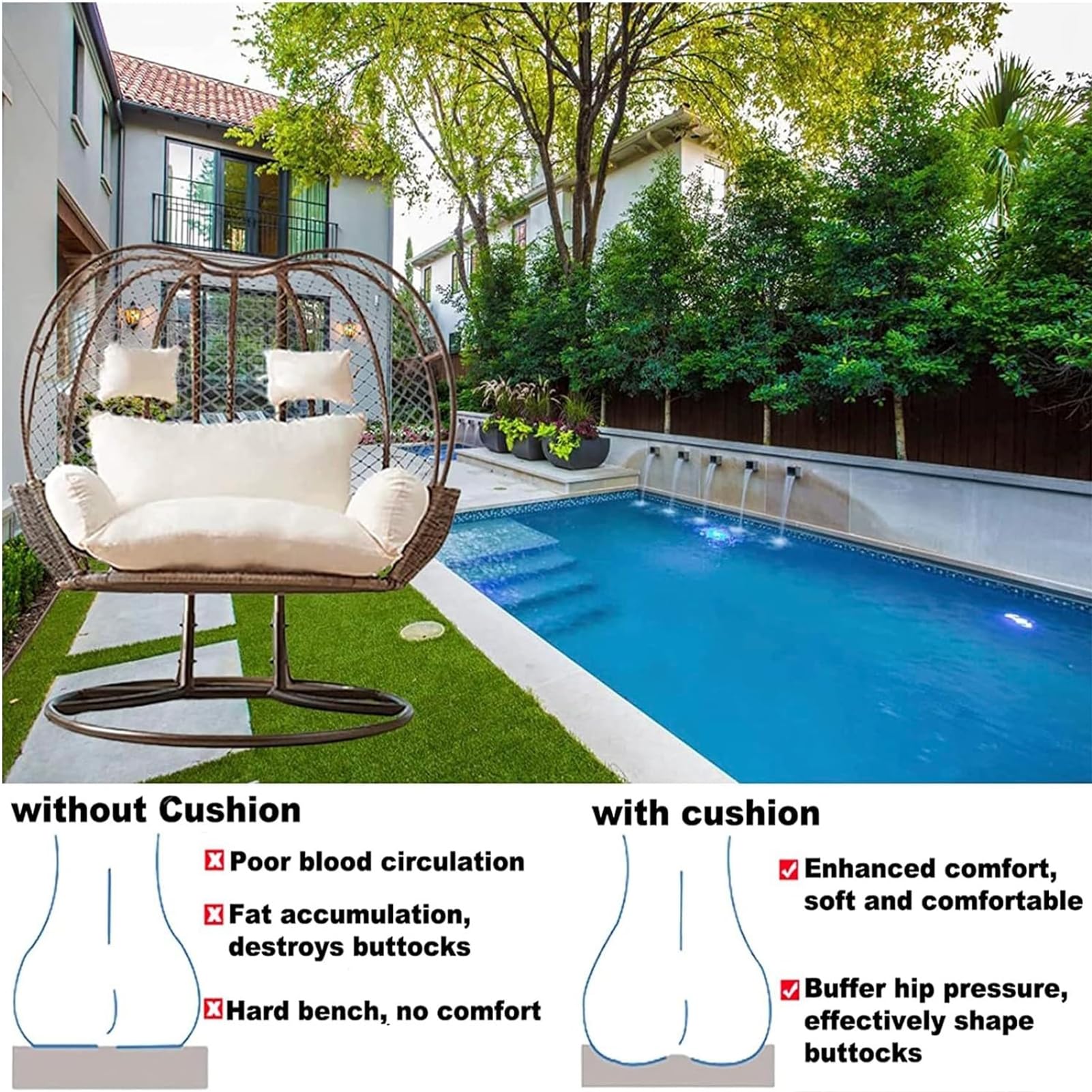 Swing Hanging Chair Cuscino Egg Chair Cuscino Impermeabile Cesto Hanging Chair Egg Chair per Giardino Swing Amaca Sun Chair Patio Mobilia Esterna/Indoor,4