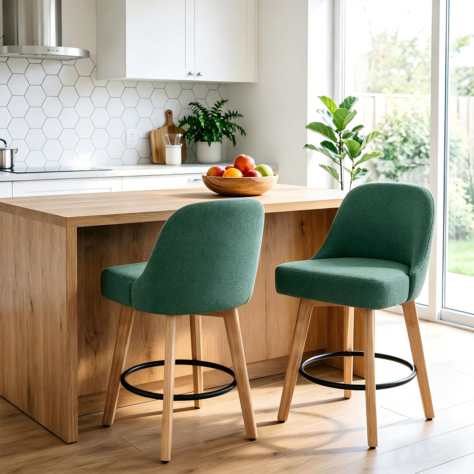 Warmiehomy Set of 2 Swivel Bar Stools, 65cm Seat Height Chenille Fabric Counter Stools with Solid Wood Legs, Modern Bar Chairs with Footrest for Kitchen Island, Home Bar (Green, Set of 2)