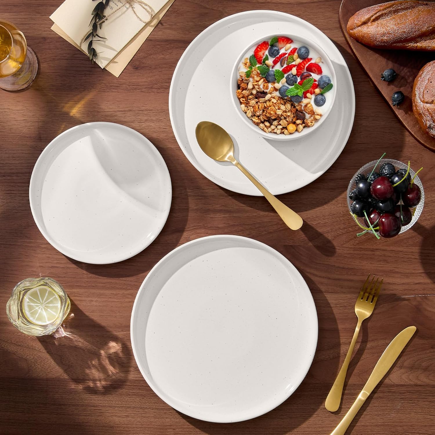 E-far 12-Piece Stoneware Dinnerware Sets, Plates and Bowls Sets for 4, Ceramic Dishware Dishes Set with Terracotta Base, Chip & Scratch Resistant, Microwave & Dishwasher Safe, Speckled White