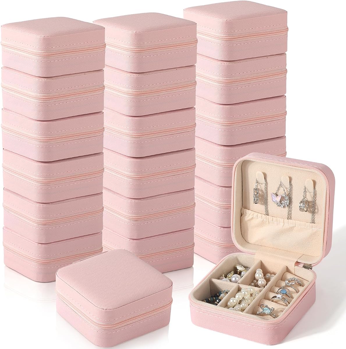 18 Pack Travel Jewelry Case, Small Travel Jewelry Organizer Box with Mirror, PU Leather Mini Jewelry Storage Holder for Rings Earrings Necklaces, Bridesmaid Gifts for Women Girls – Pink