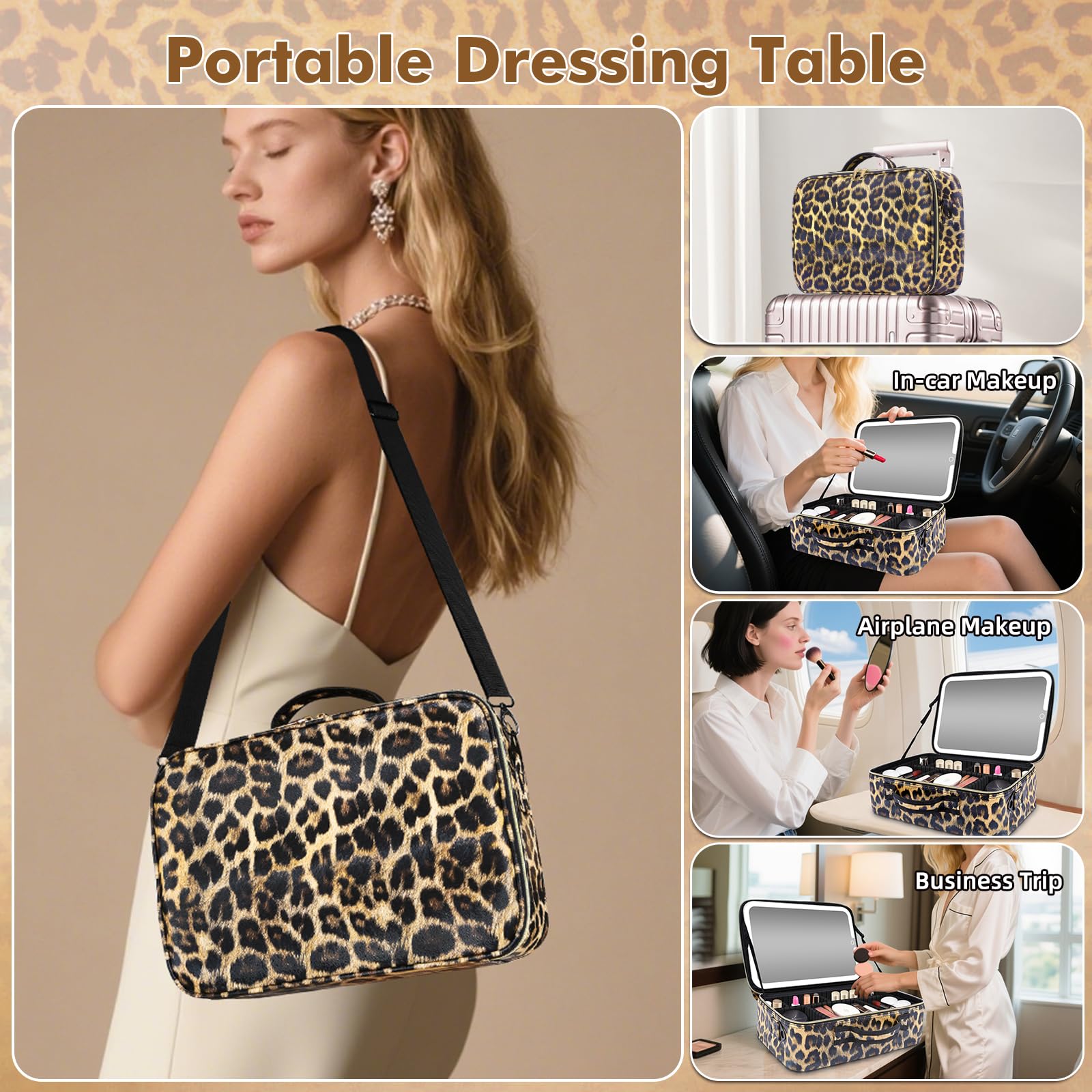 38x28CM Kosmetiktasche mit abnehmbarem LED-Spiegel, Reise-Make-up-Koffer mit 3 dimmbaren Farbenlichtern, Kosmetik-Organizer-Koffer mit großem Fassungsvermögen, abnehmbaren Trennwänden und Schultergurt