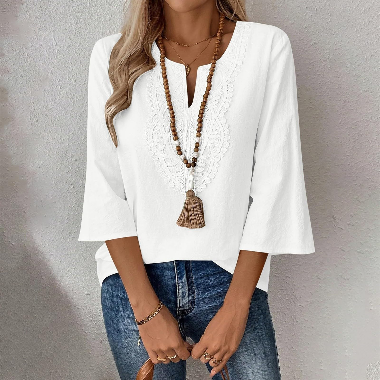 2026 - Top da donna in lino con maniche a 3/4, scollo a V, camicie casual da vacanza, vestibilità larga, tunica da contadina ricamata in stile bohémien, sottile, traspirante, oversize, da