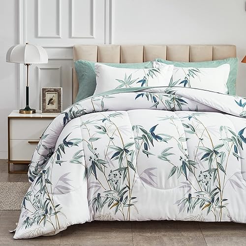 6 Pieces Bed in a Bag Twin Comforter Set with Sheets, Green Leaves on White Botanical Design Bedding Sets for Kids (1 Comforter, 2 Pillow Shams, 1