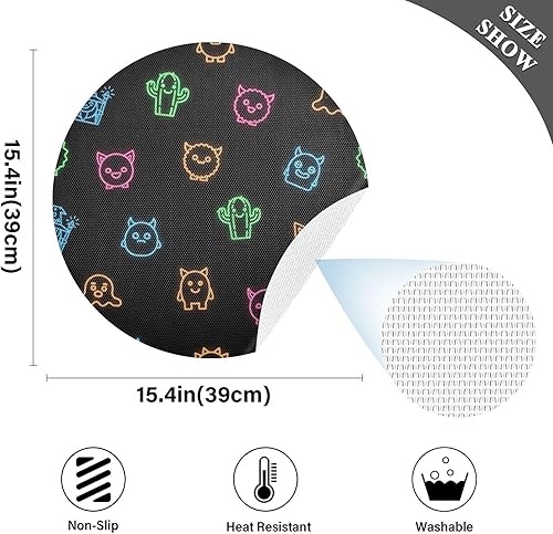 Miniatura 4 de Neon Cute Faces Black Round Table Placemats, Non Slip Washable Placemats Non Slip for Kitchen Table one sizex6