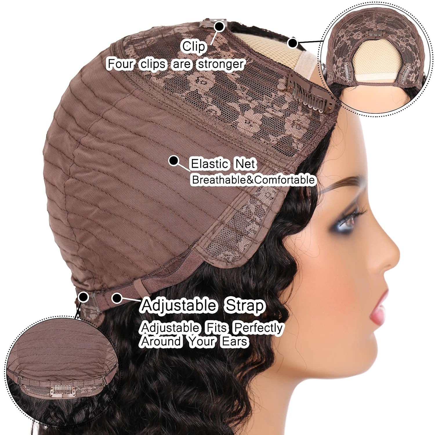 huarisi U Part Human Hair Wig Deep Wave 150% Density Glueless Brazilian Remy Human Hair U-part Wigs None Lace Clip in for Black Women 22 Inch Natural Color